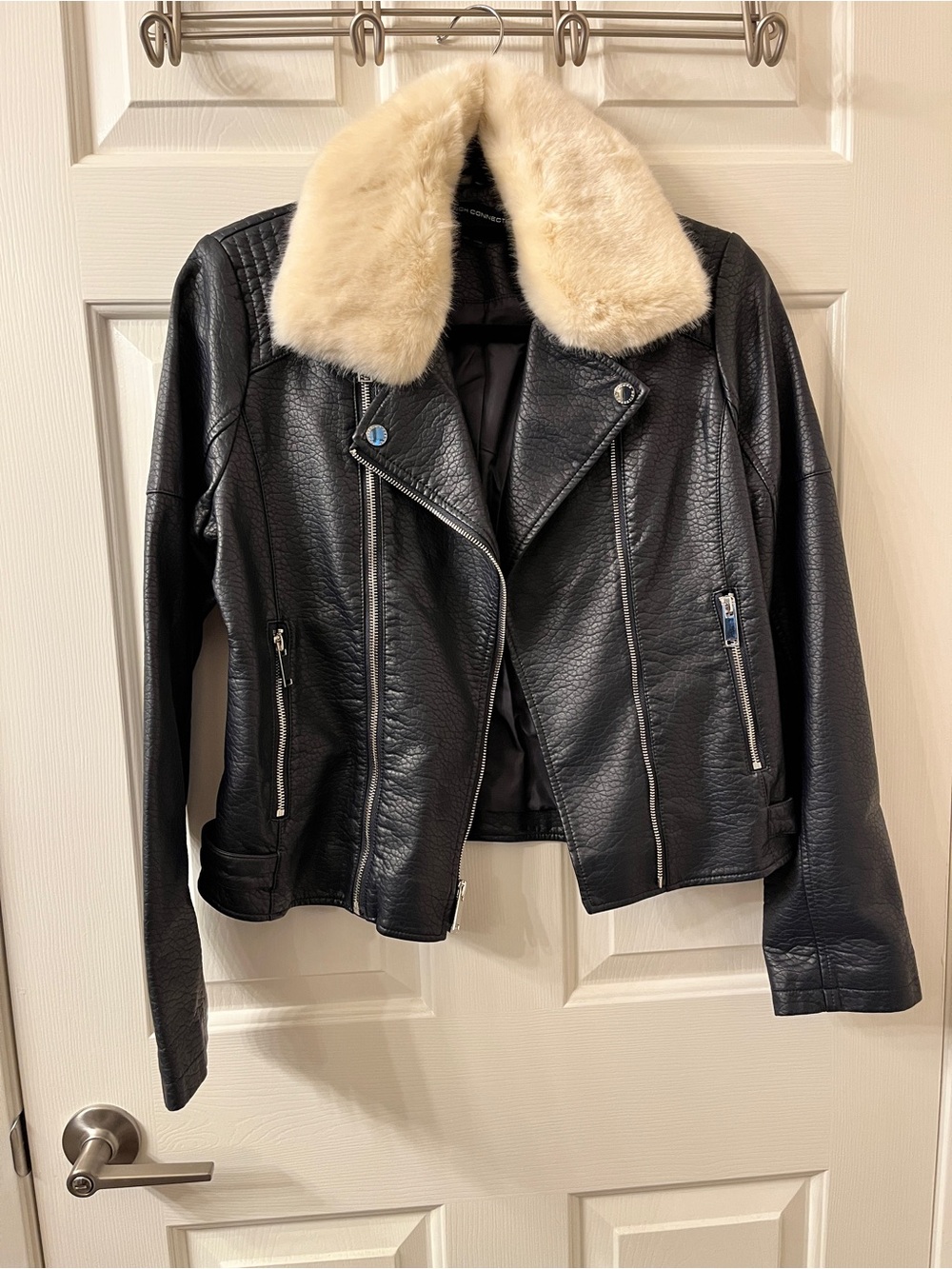 French Connection Black Faux Leather Moto Jacket with Cream Fur Collar